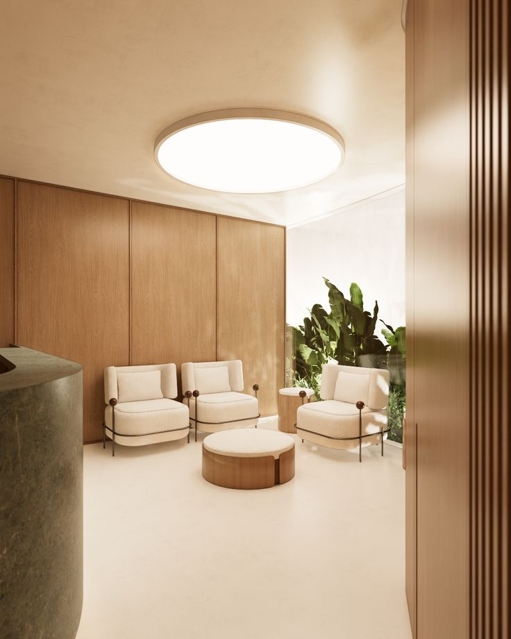 Sala de espera de clínica com design acolhedor